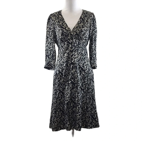 Nanette Lepore Black White Silk Midi Sheath Dress Womens 4‎ V Neck Button Front - Picture 1 of 11